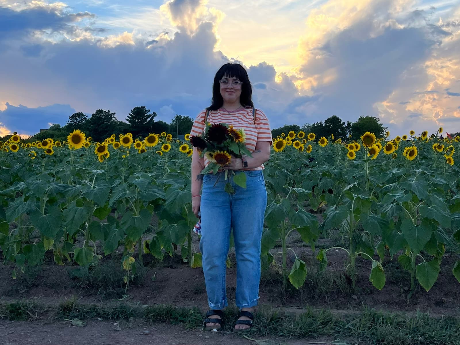 J.J. standing in a sunflower field at sunset, holding a bunch of dark-red sunflowers.
